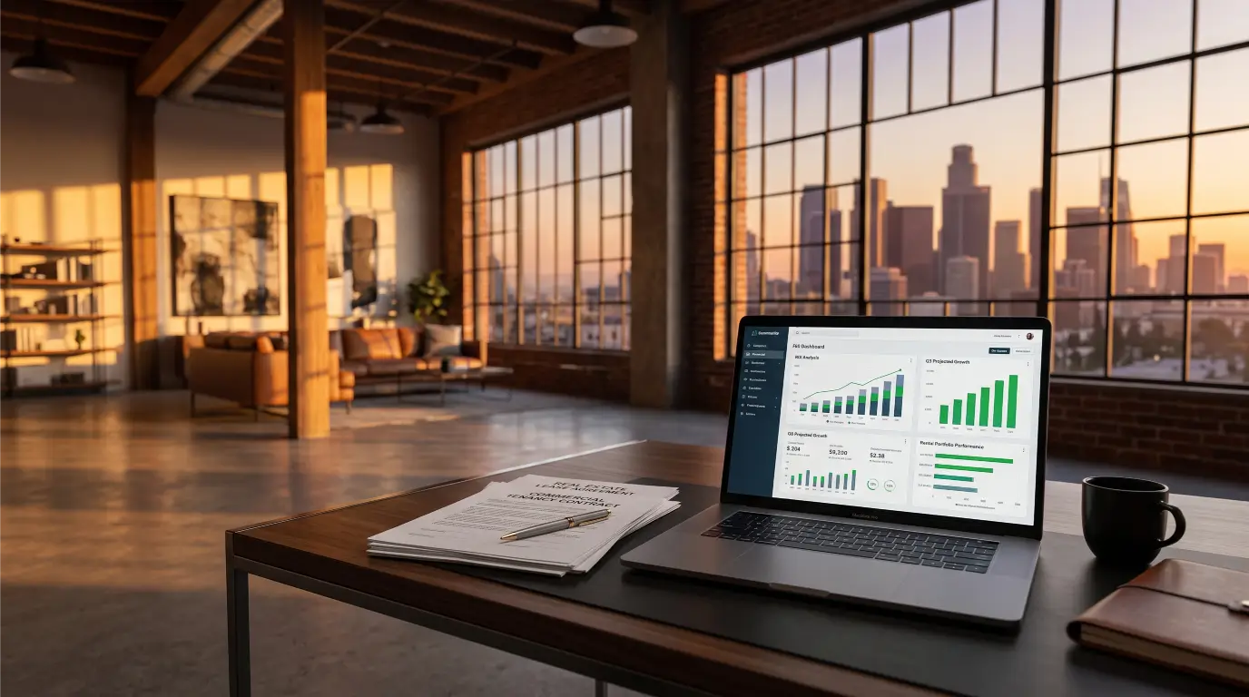 Laptop con gráficos financieros y contratos de rental arbitrage en un loft de Los Ángeles, California