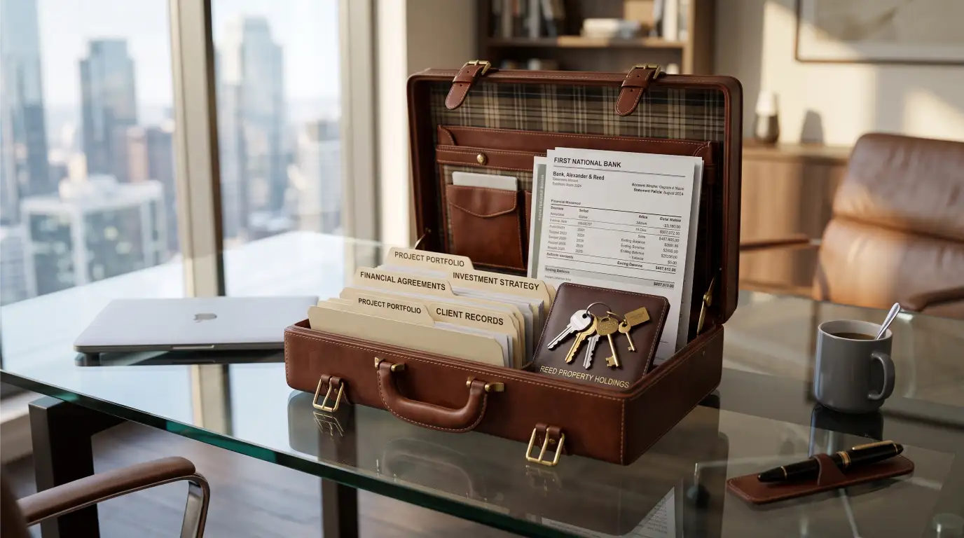 Maletín de cuero elegante con documentos y llaves de casa