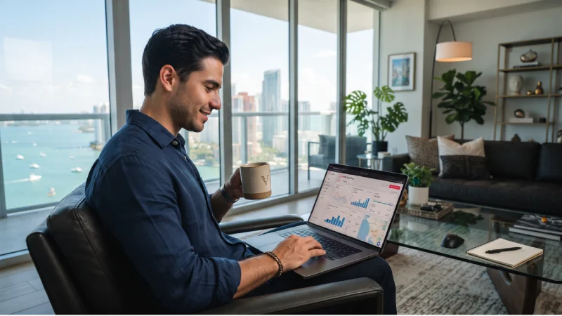 Latino analizando gráficas de Rental Arbitrage en su laptop
